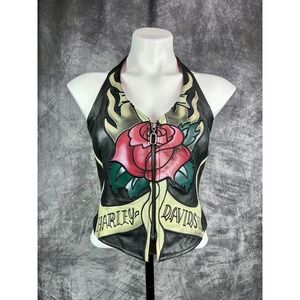 Harley-Davidson Leather Halter Vest Women Small Black Rose Embroidered Zip Front